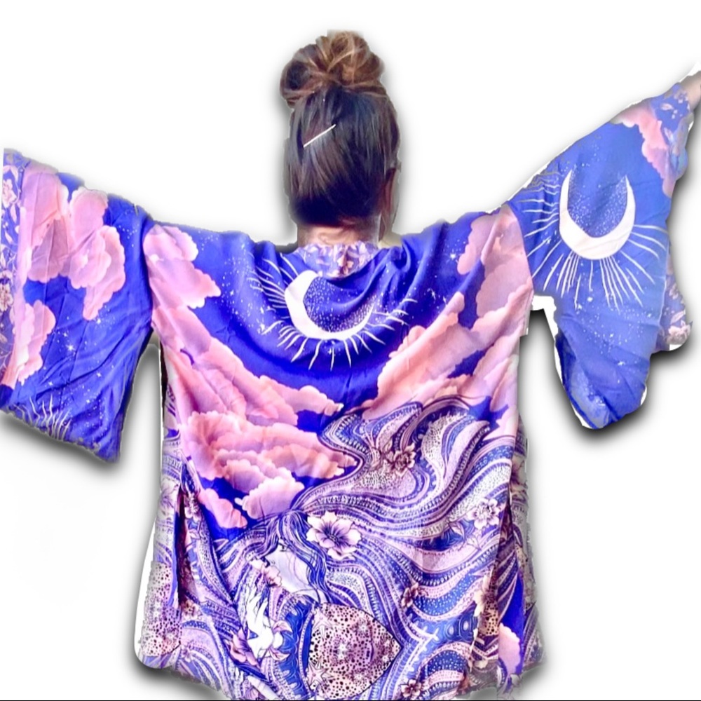 Blue & Pink Trippy Moon, Clouds , Lotus Flower Kimono